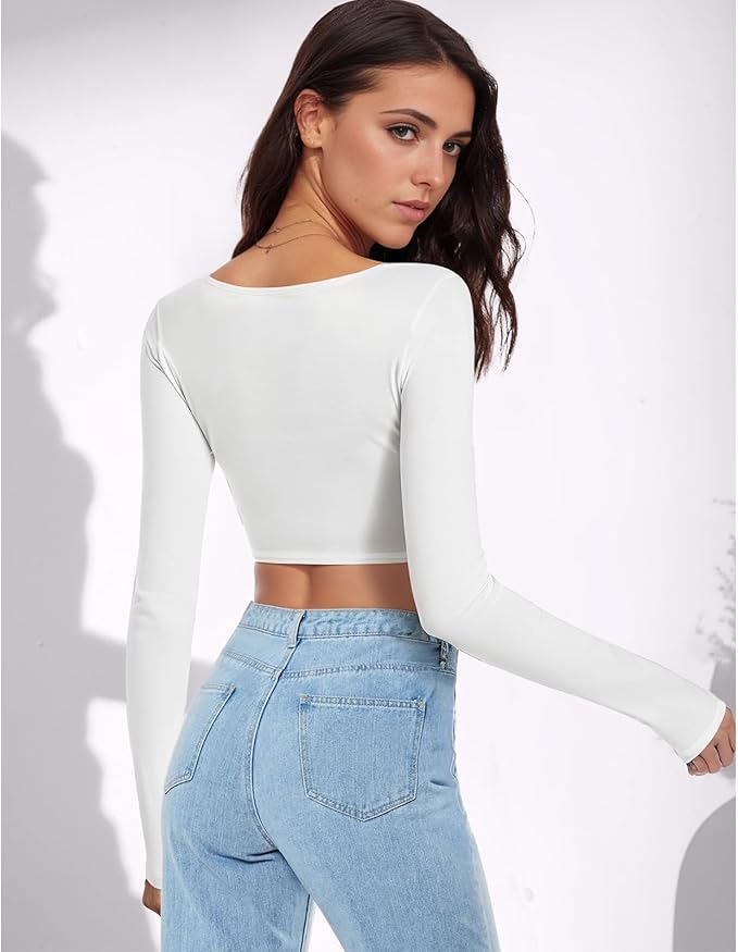 Long Sleeve V Neck Crop Top for Women Soft Workout Shirt Going Out Tops Sexy Slim Fitted Casual Base Layer Lightweight