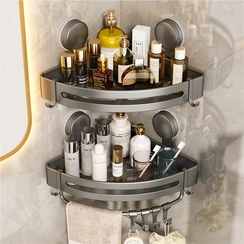2026 Upgraded Aluminum Triangle Shower Caddy, 1/2/3-Tier Corner Shelves, Drill-Free Suction Cup Wall Mount, 40lbs Load Capacity, Rustproof Bathroom Shower Organizer with Towel Hooks
