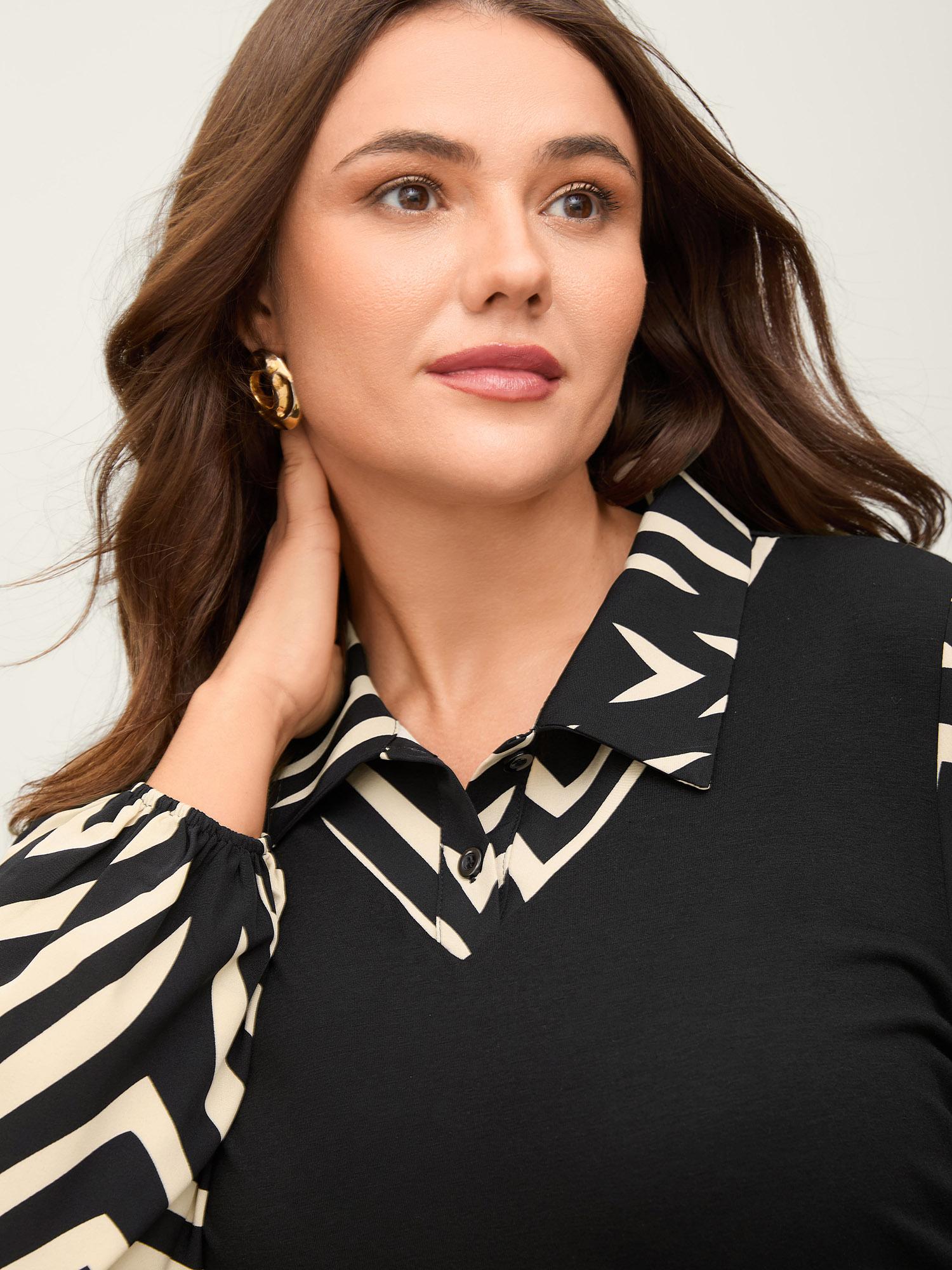 BLOOMCHIC Geometric Print Mixed Material Knit Top - Black Lantern Sleeve Fitted Shirt Collar Casual OL Style Autumn Tunics Knitwear office fall clothing ropa para mujer 2026 Spring Break Gift For Easter's Day Mother's Day Womenswear BLOOMCHIC Geometric Print Mixed Material Knit Top - Black Lantern Sleeve Fitted Shirt Collar Casual OL Style Autumn Tunics Knitwear office fall clothing ropa para mujer 2026 Spring Break Gift For Easter's Day Mother's Day Womenswear