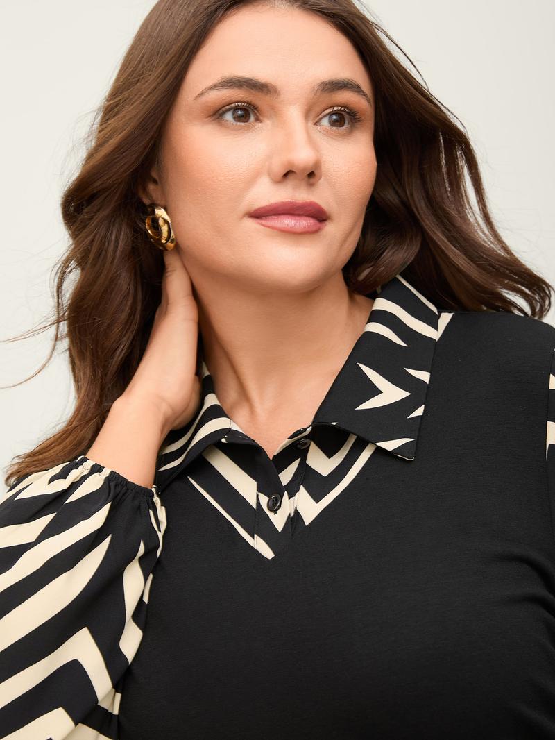 BLOOMCHIC Geometric Print Mixed Material Knit Top - Black Lantern Sleeve Fitted Shirt Collar Casual OL Style Women's Autumn Tunics Womenswear Knitwear office outfits women going outfits women's fall clothing ropa para mujer BLOOMCHIC Geometric Print Mixed Material Knit Top - Black Lantern Sleeve Fitted Shirt Collar Casual OL Style Women's Autumn Tunics Womenswear Knitwear office outfits women going outfits women's fall clothing ropa para mujer