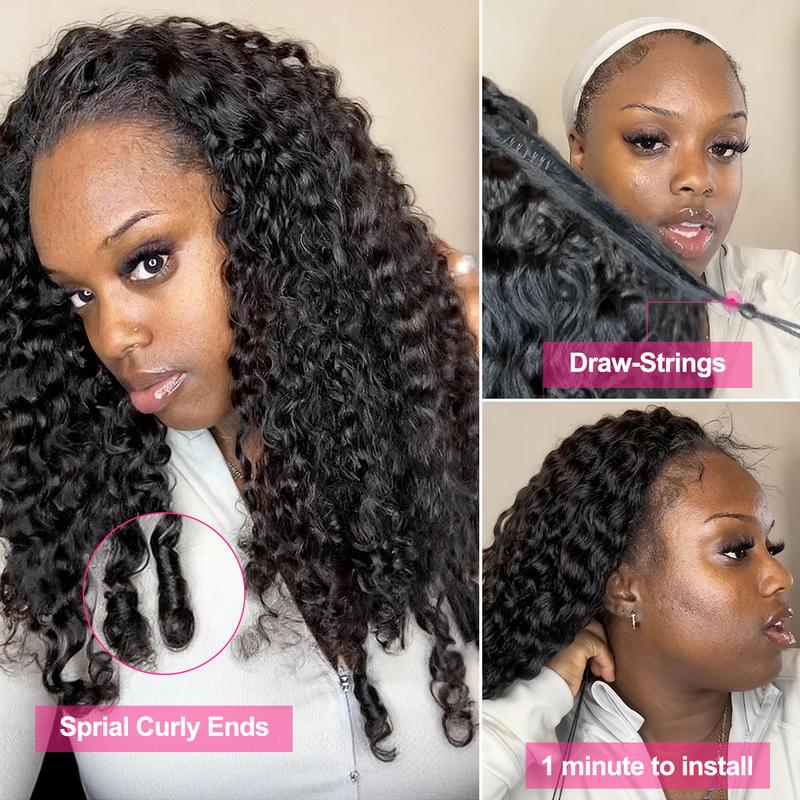 Burmese Curly Wear Go 3 In 1 Half Wig Glueless Human Hair Wig With Drawstring 220% Density Invisi Fit Strap Flip Over Wig For Beginners