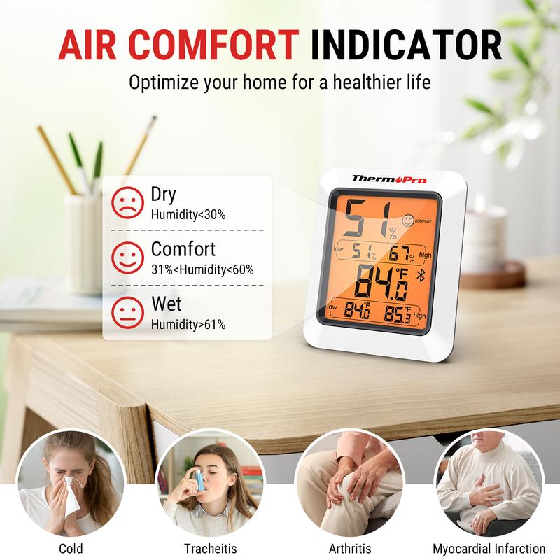 ThermoPro Bluetooth Hygrometer Thermometer TP350 & TP359W, Indoor Room, Home Temperature and Humidity Monitor, High Accuracy Sensor, App Alerts, Data Export, Backlit LCD, Max/Min Records ThermoPro Bluetooth Hygrometer Thermometer TP350 & TP359W, Indoor Room, Home Temperature and Humidity Monitor, High Accuracy Sensor, App Alerts, Data Export, Backlit LCD, Max/Min Records