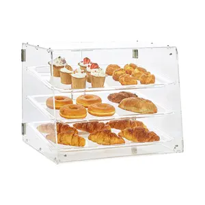 3-Tier Commercial Countertop Pastry Display Case - 20.7"x14.2"x16.3" Acrylic Display Box with Rear Door Access & Removable Shelves, Ideal for Keeping Donuts, Bagels, Cakes & Cookies Fresh
