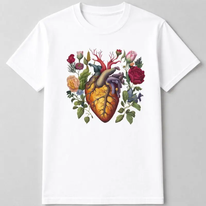 Floral Heart Graphic Tee - Anatomical Human Heart Shirt