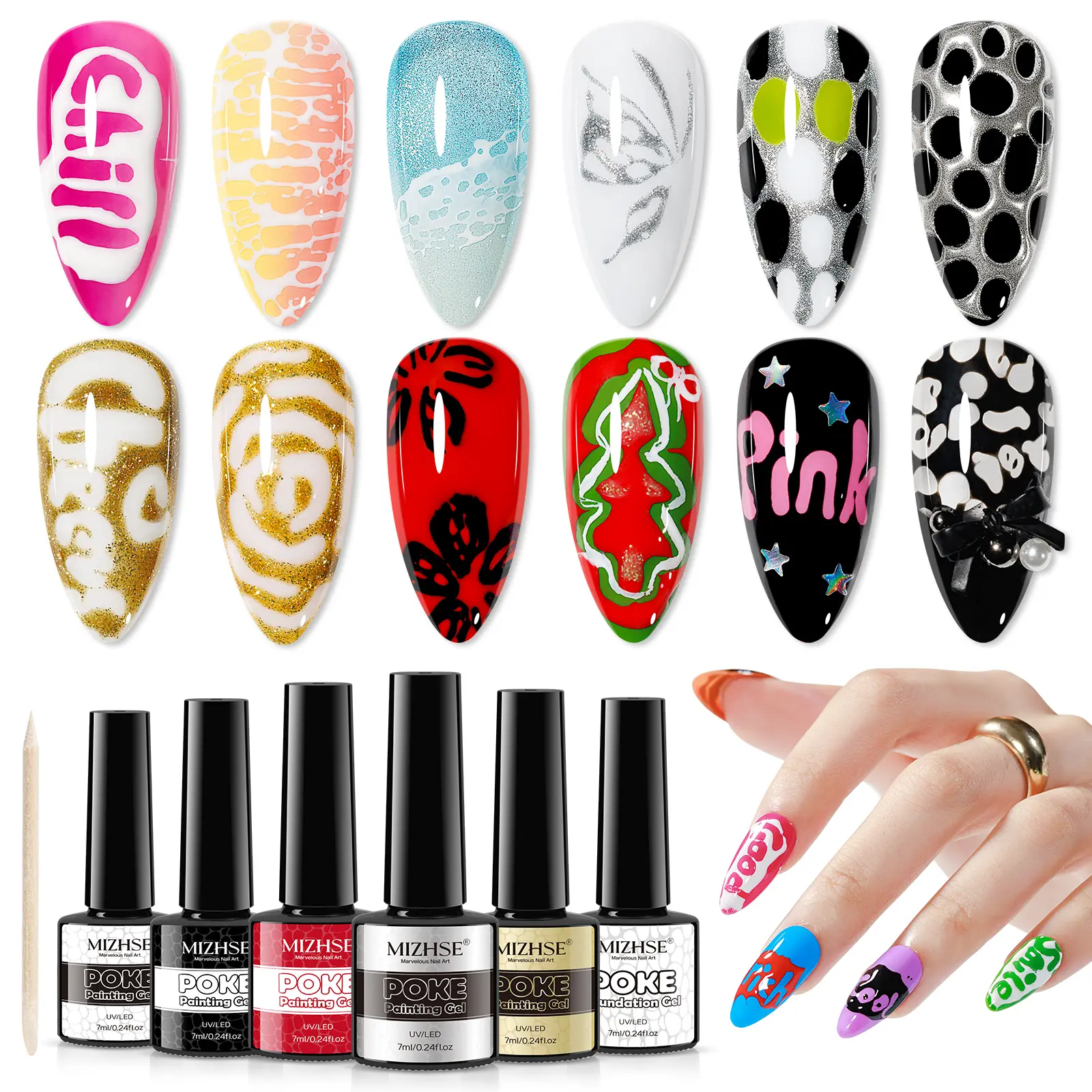 MIZHSE Resin Poke Gel Polish Set - Foundation Gel with Cosmetic Powder, Easy Drawing for DIY Art, Classic Colors for French Nail Care, Gel Nails At Home