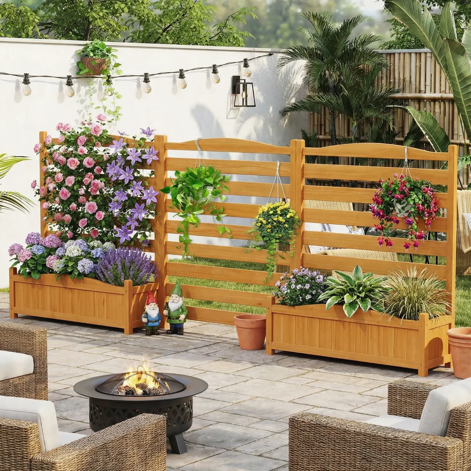 Spaco 3-Panel Fir Wood Privacy Fence with Built-In Planter Boxes - Outdoor Garden Privacy Screen, Freestanding, Modular Expandable Enclosure, Climbing Plant Support, Blocks Unwanted Views, Boosts Stability, Yellow Patio Decor