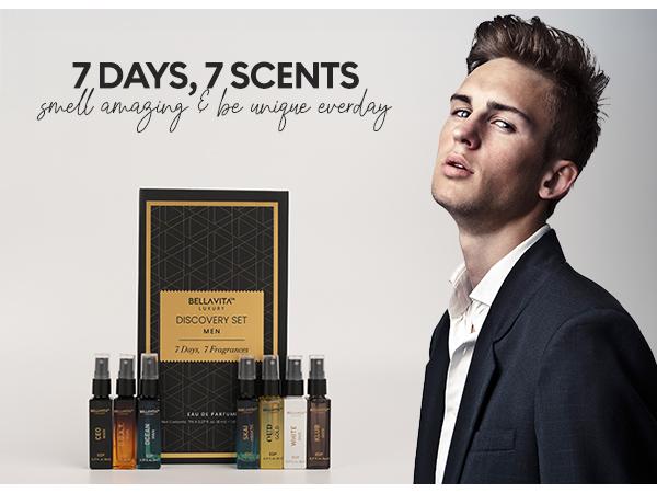 BellaVita Luxury's Discovery Gift Set for Men | 7x8 ml Micro Perfumes | CEO Man, GOAT Man, Klub Man, Skai, Ocean Man, White Oud, Gold Oud