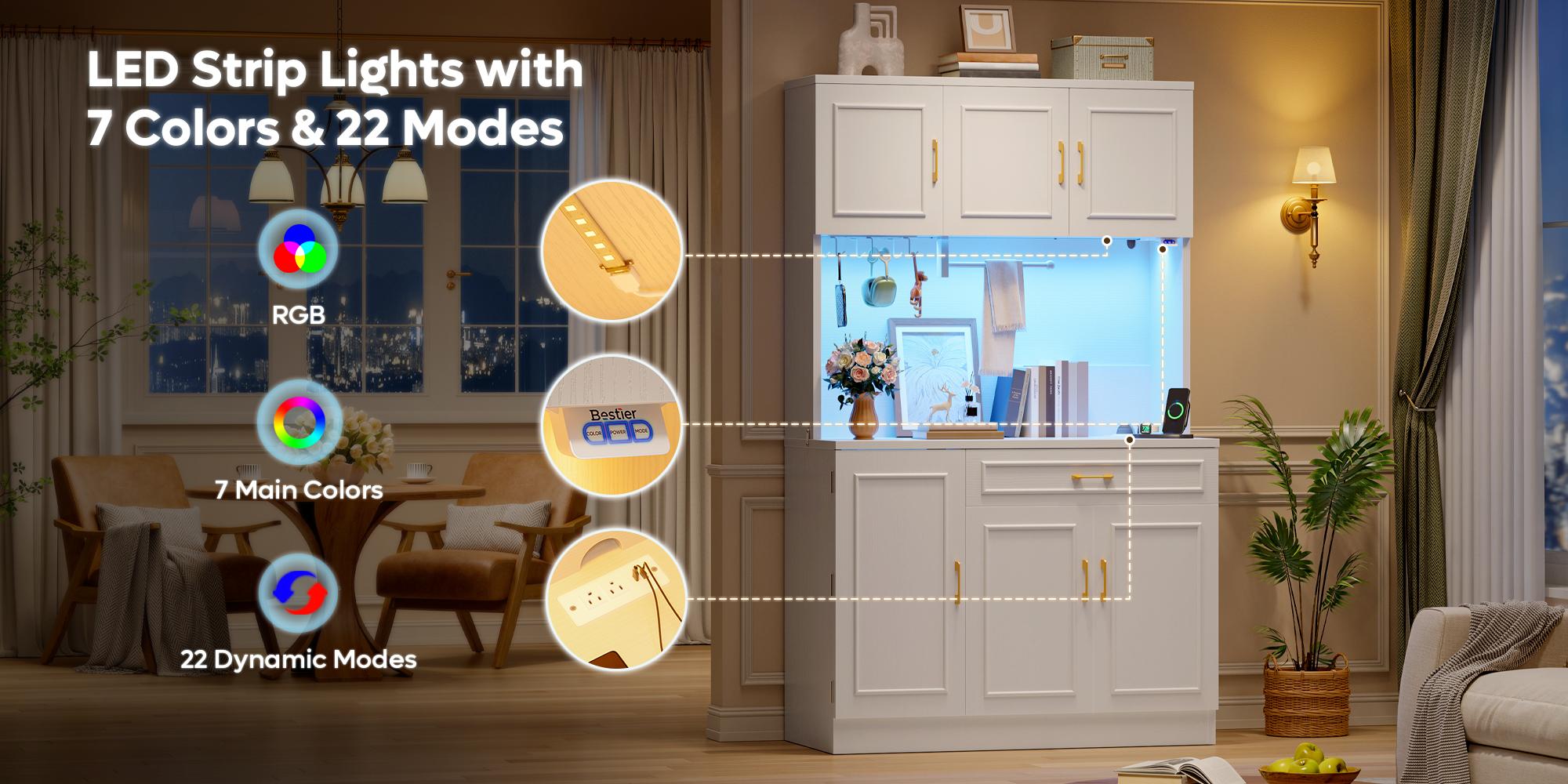 Bestier 71" Kitchen Pantry Cabinet with LED Lights & Charging Station, Freestanding Buffet Hutch with Adjustable Shelves, Hooks & Paper Towel Holder for Kitchen Dining Room