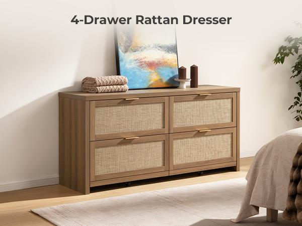 SICOTAS 60.8" Dresser for Bedroom, Rattan Boho Dresser with 4 Deep Drawers, Large Chest of Drawers for Closet,Nursery,Dressers TV Stand for Living Room