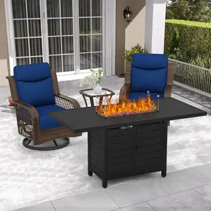 Pizzello Patio Fire Pit Set, Wicker Swivel Rocking Chairs And Aluminum Fire Table, Outdoor Firepit Dining Set