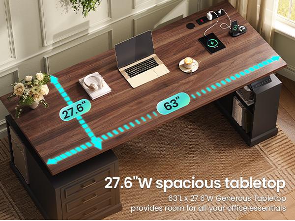 SEDETA Farmhouse Electric Standing Desk, 63" Height Adjustable Computer Desk with 3 Drawers, Storage Shelves, Power Outlets, Wood Home Office Stand up Desk for Work, Study, Writing
