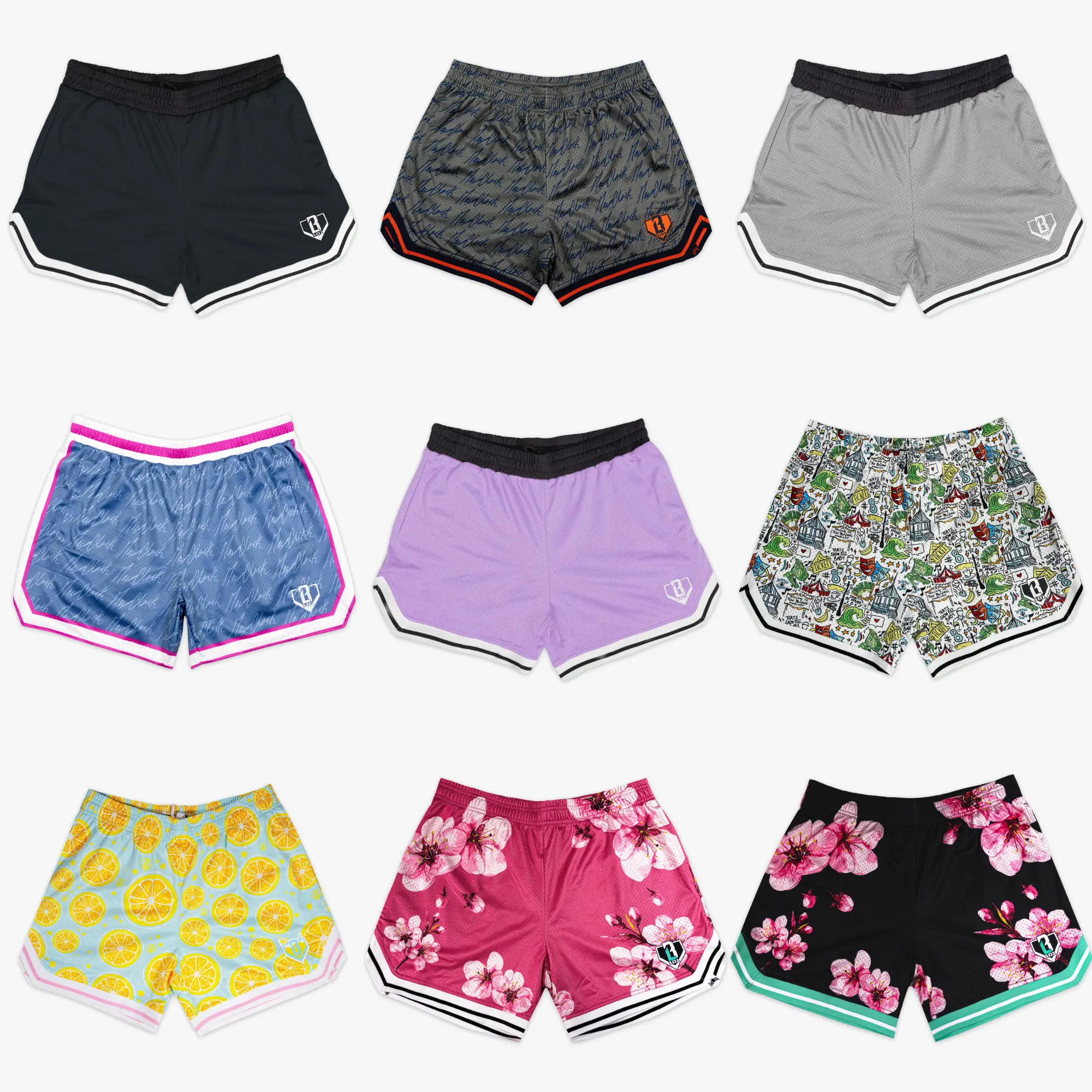 [ Baseball - 101 Short ] Curved Hem Mesh Sports Shorts - Breathable Floral Cherry Blossom & Graphic Basketball Shorts with Pockets, Men's Streetwear Workout Activewear