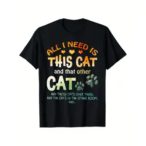 Cat Lover' T-Shirt with Cute Kitten & Paws Print - Casual Round Neck Tee Suitable for, Machine Washable Digital Cat-Themed Apparel for Casual Attire & Pet Lovers