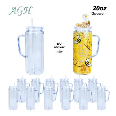 AGH US NEW 12pcs 20 oz Double Wall Plastic Handle Tumblers Sonw Globe Cups Lava drip tumbler with Clear Lids & Straw Topperfor DIY Glitter Gifts