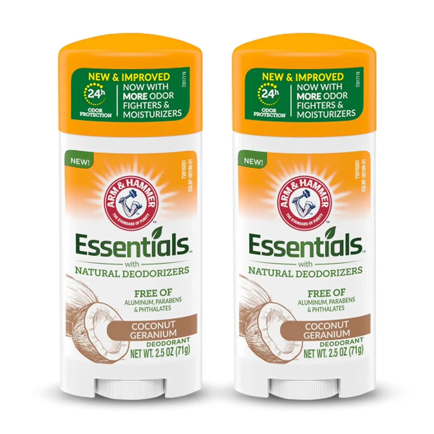 ARM & HAMMER Essentials Natural Deodorant, Plant Based with Coconut Geranium Scent, Aluminum, Paraben & Phthalate-Free Body Care, 2.5 oz (Pack of 2), Arm And Hammer, Aluminum Free, Youth, Multi-Pack, Odor Control