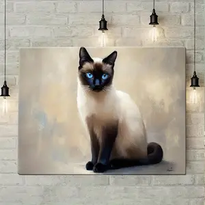 [Stylish Ambiance] Elegant Siamese Cat Oil Painting with Blue Eyes – Framed Canvas Wall Art for Living Room, Bedroom, or Office Decor – Realistic Fur Texture & Warm Tones – Wooden Frame Included, Bedroom Wall Art |   Warm Tone Decor |   Wooden Fram