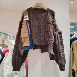 Soft and Cozy Lazy Top High-End Fashion Versatile Coffee Color Patchwork Sweater