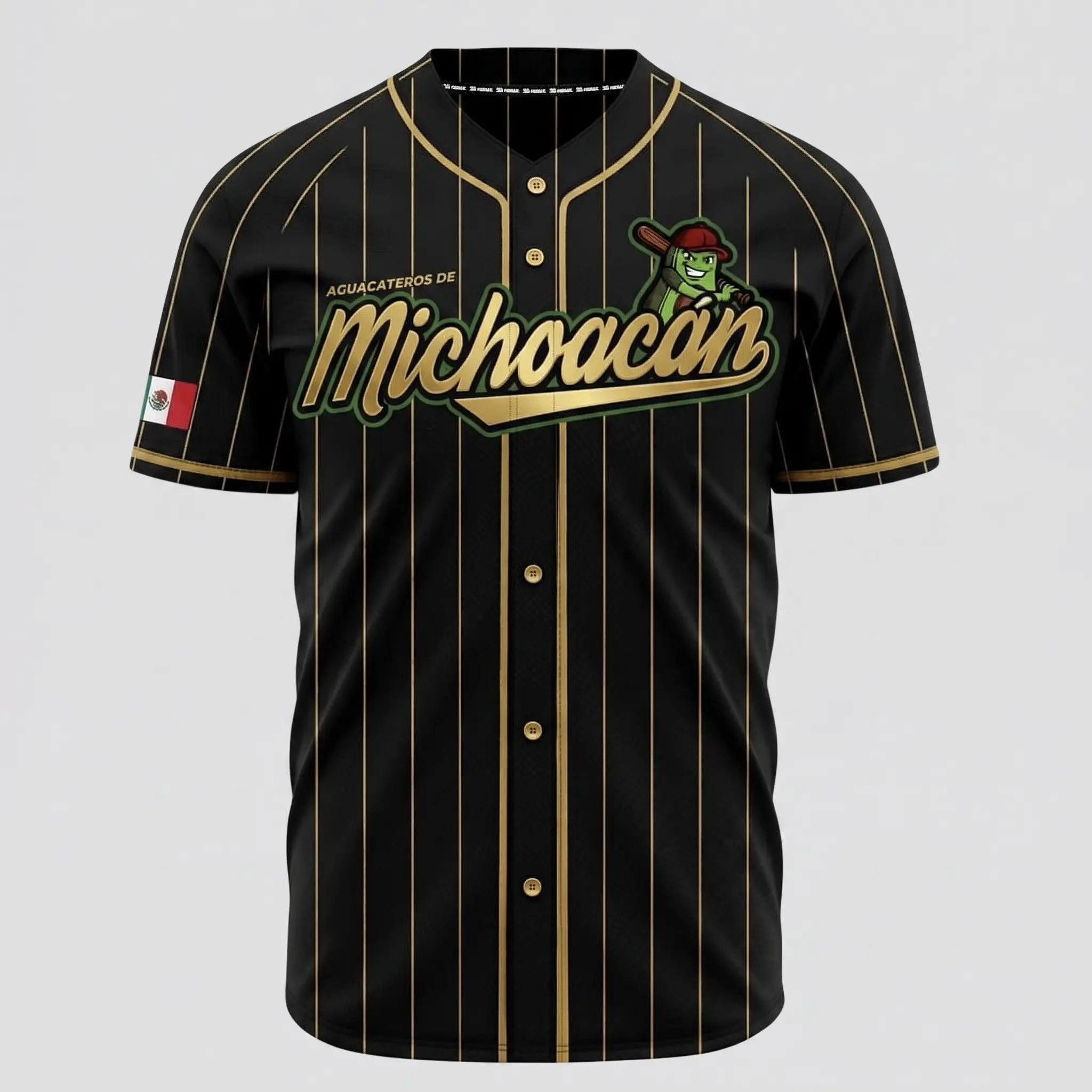 Aguacateros de Michoacan Black Baseball Jersey – Mexico Heritage Pinstripe Button-Up Sports Shirt, Avocado Mascot Graphic, Unisex Fan Apparel