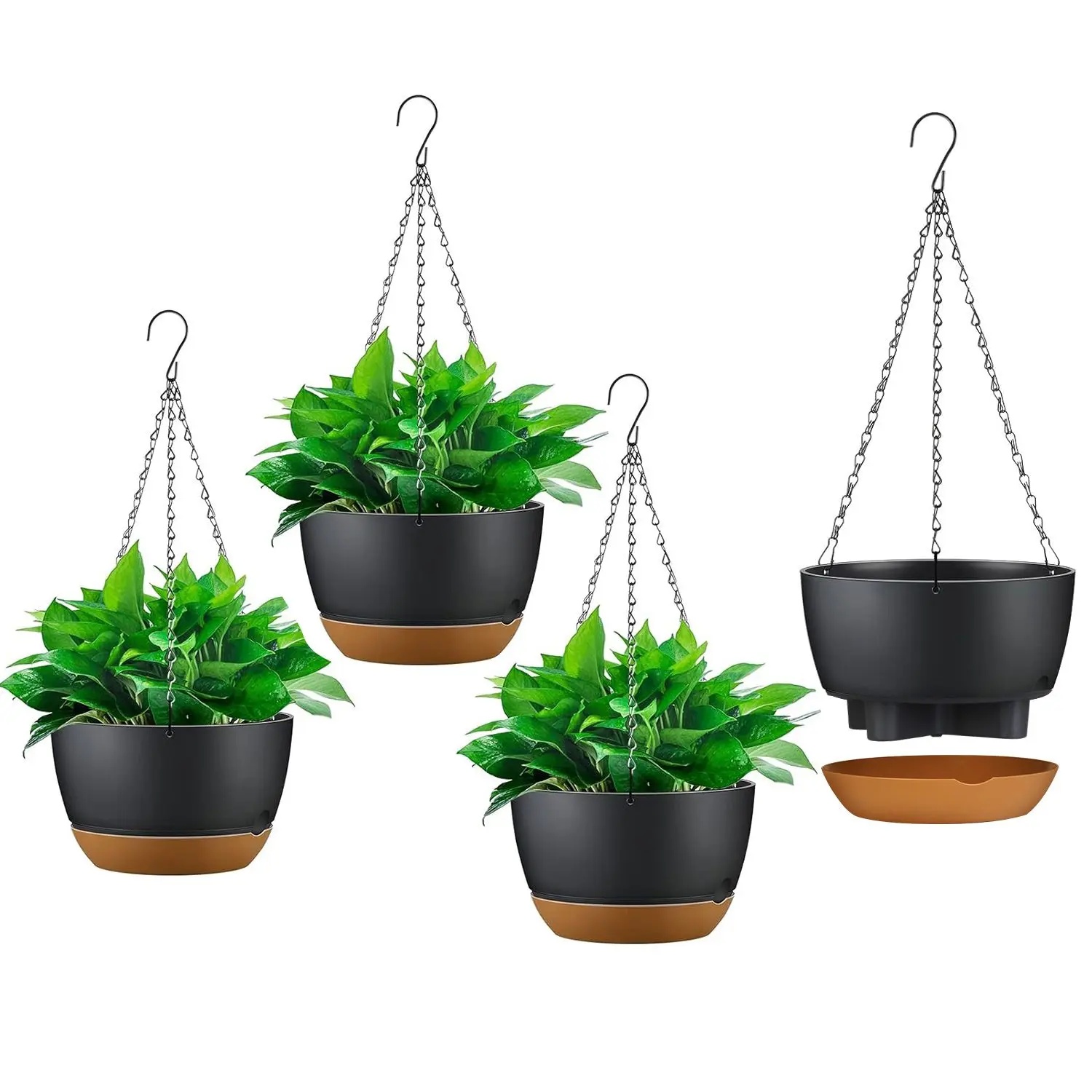 4Pcs Sturdy Plastic Hanging Garden Planter Baskets - 9.64In Diameter, Drainage Holes, Removable Self-Watering Trays, Minimalist Modern Flower Pots for Indoor Outdoor Herbs, Ideal Housewarming Gift for Friends