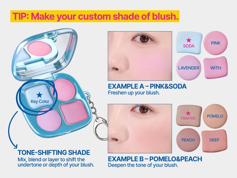 fwee Pocket Cheek Palette | 4-color Jelly Dough Blush Palette | Cream-to-Matte Finish | Bouncy, Airy Texture | Cute Keychain Compact – 4 Options | 0.33 oz