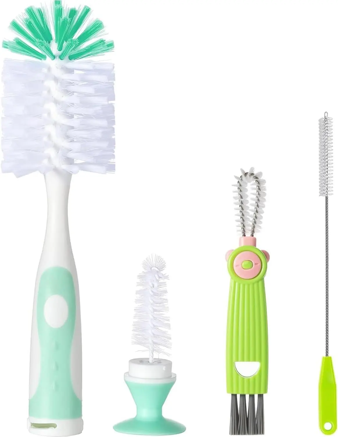 Summer Spring Gift Baby Bottle Brush Set 4 in 1, Baby Bottle Cleaner, with 1P Nylon Bottle Brush, 1P Bottle Cap Brushes, 2P Straw Brushes, Bottle Brush with Nipple Cleaner and Suction Cup, BPA-Free