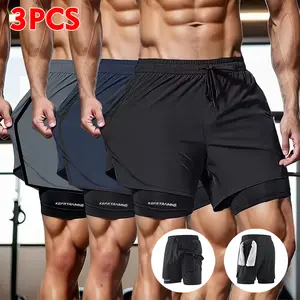 3-Pack Men’s 2-in-1 double-layer shorts with pockets, high-elasticity athletic shorts suitable for summer gym workouts and running