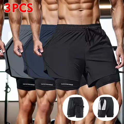 Men’s 3-Pack 2-in-1 Double-Layer Athleisure Shorts - Stretchy, High-Elasticity, Drawstring, Moisture-Wicking, Pockets for Summer Gym, Running - Color Options: Black+Light Gray+Orange Red, Black+Dark Blue+Peacock Green