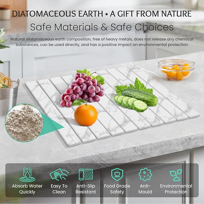 Large Diatomaceous Earth Dish Drying Mat - 24" × 16" for Kitchen Counter, Super Absorbent, Heat Resistant Dish Drying Mats, Eco-Friendly Diatomaceous Earth Stone Rack Tableware Mat ( White Marble) Coasters Stainless Steel Kitchenware