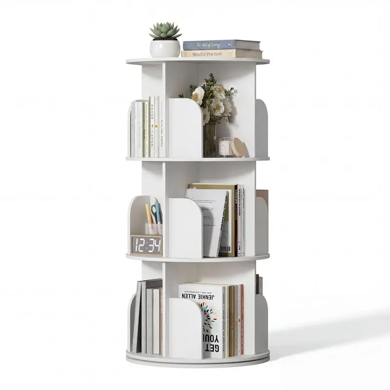 3-Tier 360° Spinning Rotating Bookshelf Tower, Freestanding Vertical Corner Bookcase, Space Saving Storage Shelf for Bedroom, Living Room and Study, White