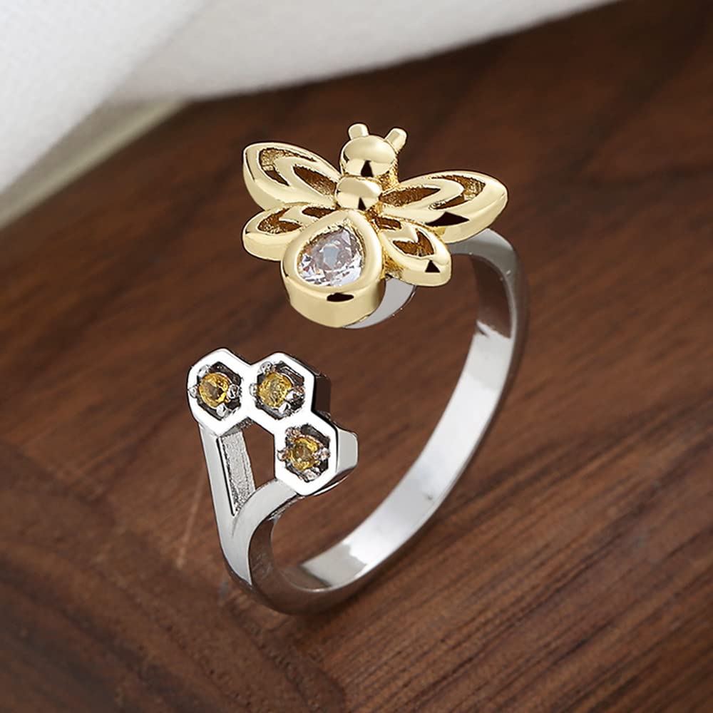 Sterling Silver Adjustable Open Ring with Bee and Honeycomb Design, Rotatable Anxiety Relied Ring, Nature and Eco-Friendly Style Jewelry for Girls&Women, Good Luck for Friends as Gifts, Perfect for Suit and Daily Wear