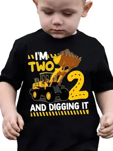 "I'm Two And Digging It" Kids T-Shirt Construction Front Loader 2nd Birthday Graphic Short Sleeve Cotton Tee for Boys Girls
