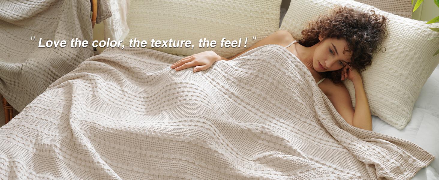 PHF 100% Cotton Waffle Weave Blanket, Lightweight Washed Soft Breathable Blanket Perfect for All Seasons, Stylish Blanket, Great Blanket Layer for Couch Bed Home Decor, Gift Idea