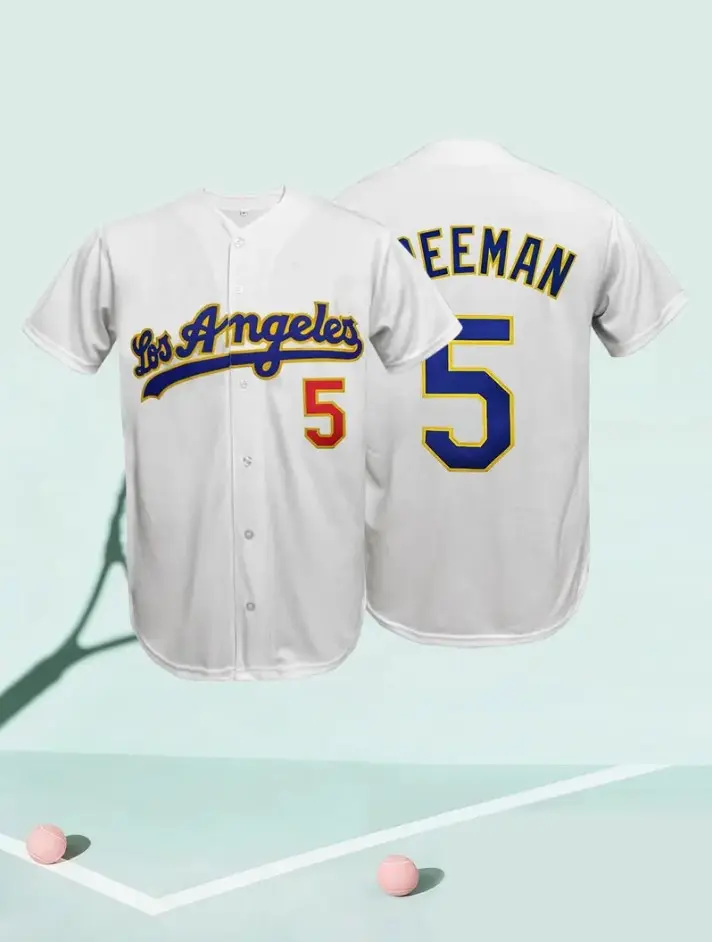 Freeman 5 Los Angeles White & Blue Baseball Jersey, Custom Unisex Streetwear Hip-Hop Sports Button-Down Shirt