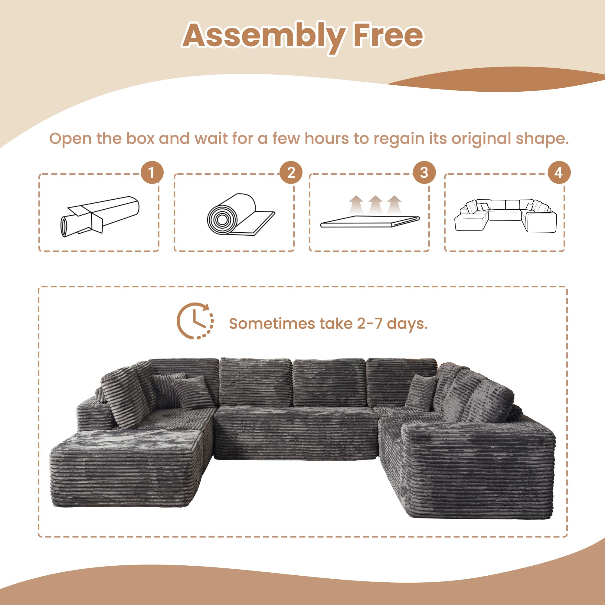 Boneless Cloud Sectional Sofa Couches,Modular Sectional Sofa No Assembly, Plush Corduroy Large U Shaped Floor Couch Set with Deep Seat Ottoman for Living Room