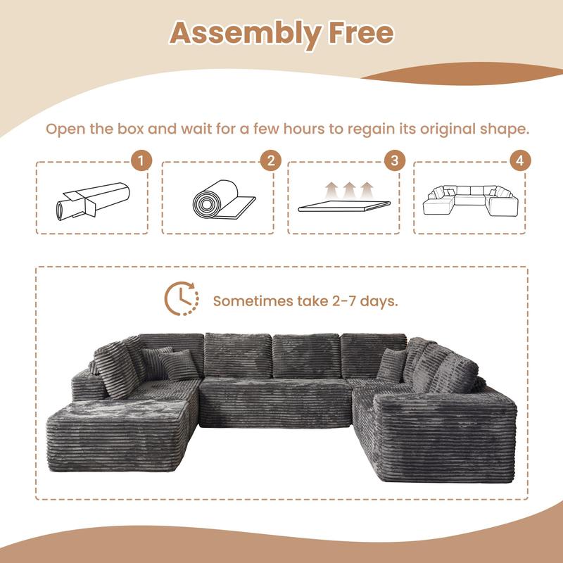 Boneless Cloud Sectional Sofa Couches,Modular Sectional Sofa No Assembly, Plush Corduroy Large U Shaped Floor Couch Set with Deep Seat Ottoman for Living Room