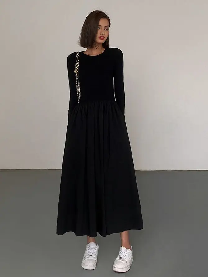 Women's Casual Lady Long-Sleeve Dress with Pockets, Round Neck, Basic