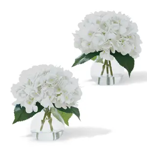 Garvee - 2 artificial hydrangea flowers in a glass vase with synthetic water, fake hydrangeas, imitation floral arrangements for home office, centerpiece, bathroom, decoration