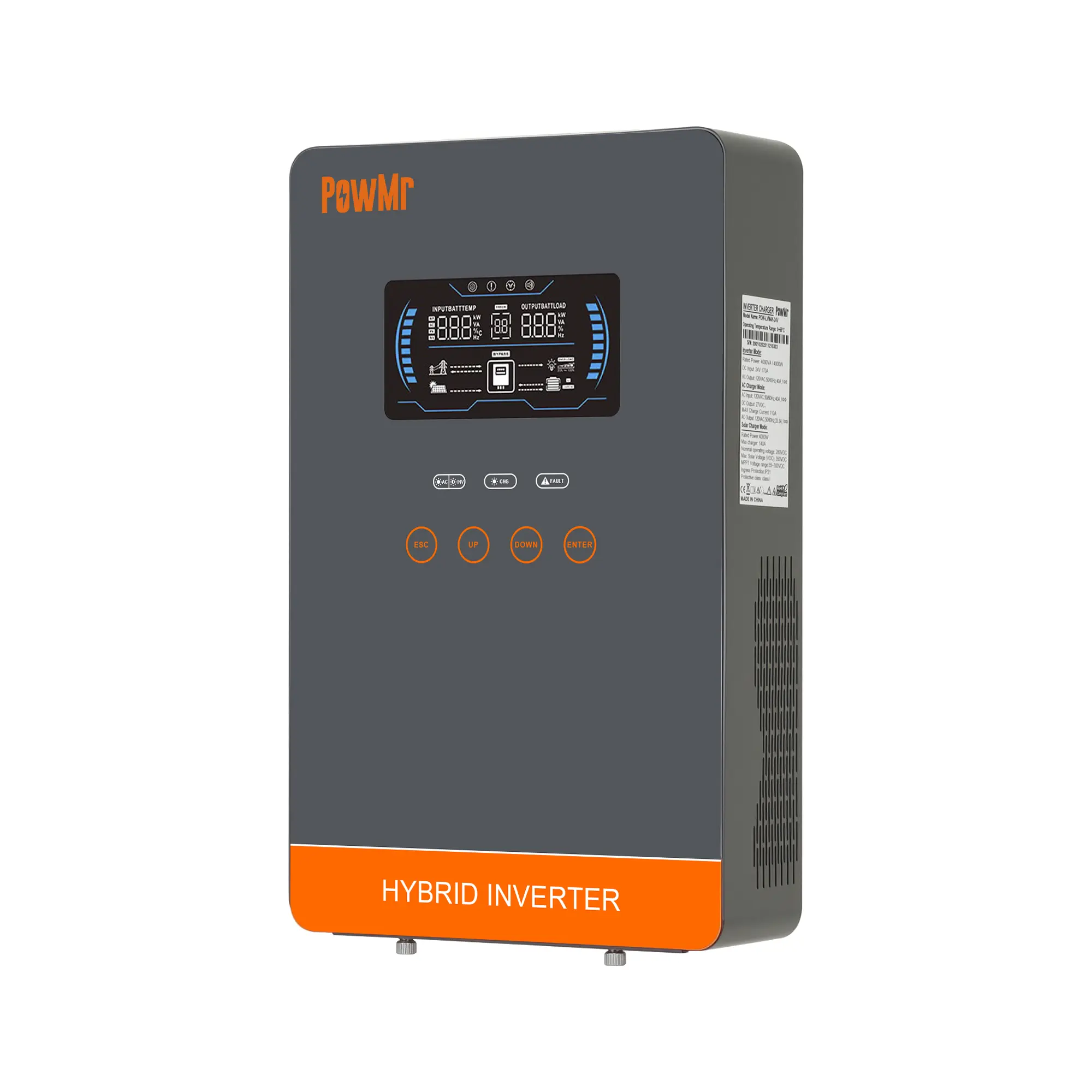 PowMr Solar Hybrid Inverter 4000W 24V to 110V Glass Top LCD Display Built-in 140A MPPT Controller, Max.PV Input 5600W 350V, fit for 24V Lead-Acid/Lithium Battery and BatteryLess Run Emergency