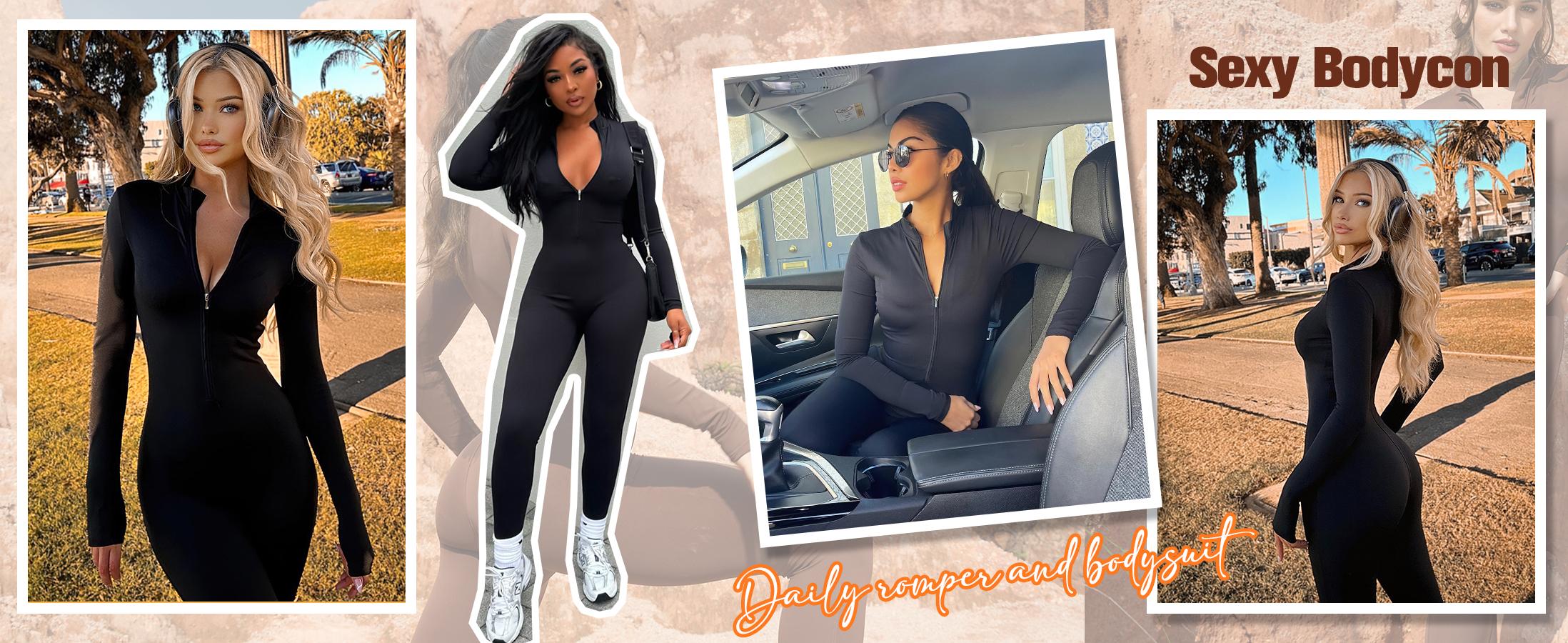 YEOREO Women  Workout Jumpsuit Zip Up Romper Bottom Pants Bodysuit Bodycon Sexy One Piece Fabric Spandex Womenswear Tops Stretchy Flexible SpringStatements