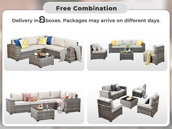 【2 Packages Shipping】Ovios 6 Pieces Patio Furniture Set Outdoor Sectional Sofa Couch with Comfy Cushions and Deep Seat, Modern Modular Wicker Rattan Conversation Set