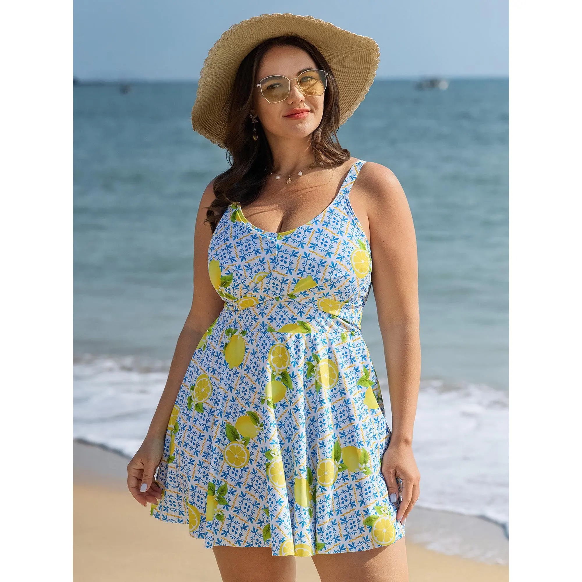 Women's Plus Size Tummy Control Lemon Print Swim Dress with Anti-Float Ties, Tunic Resort Wear Swimming Bathing Suit [M-6X] Summer Finds, Plus Size Bathing Suits, Bodycon, Polyester, Full, Removable Cups, High Stretch Fit, Heart