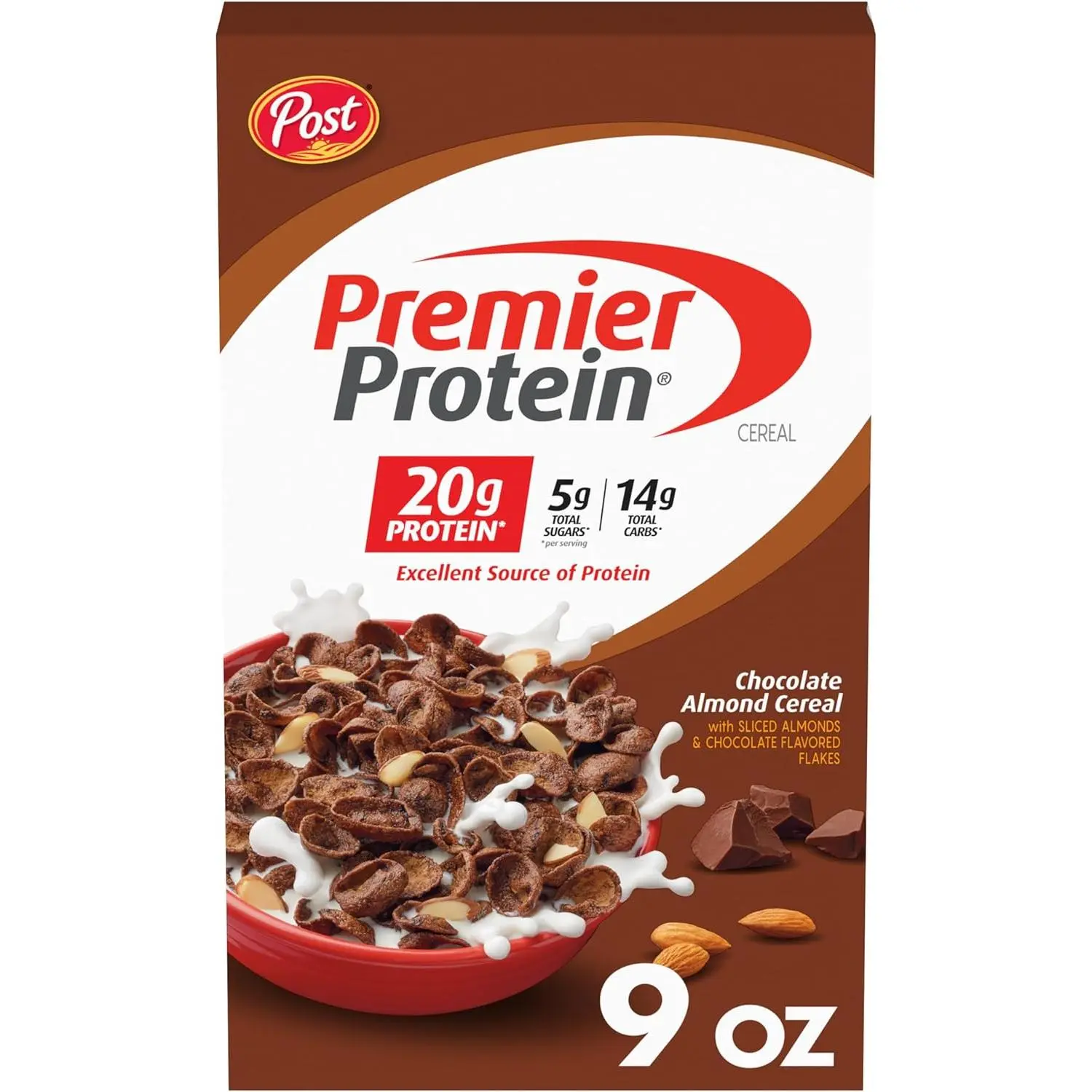 Premier Protein Chocolate Almond Cereal, Chocolatey Protein Breakfast Cereal Flakes with Sliced Almonds, Contains 20g of Protein Per Serving, 9 oz Box