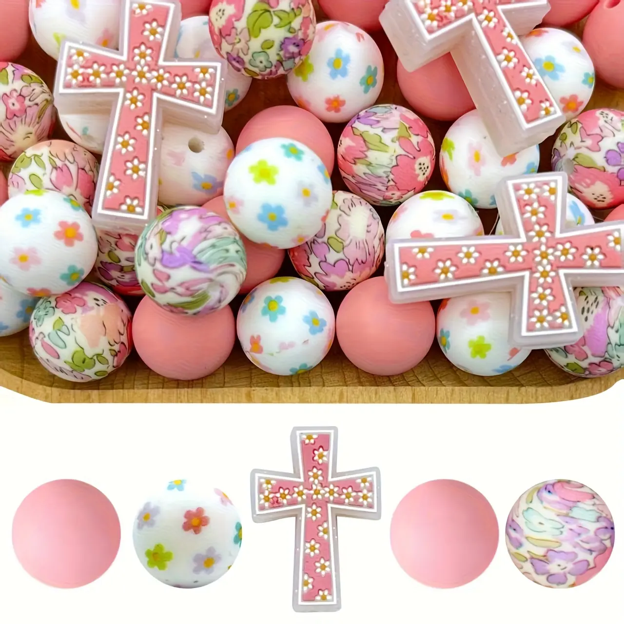 50 pieces of silicone beads - pink flower cross silicone-shaped loose beads - rainbow printed flower pattern - colorful round beads