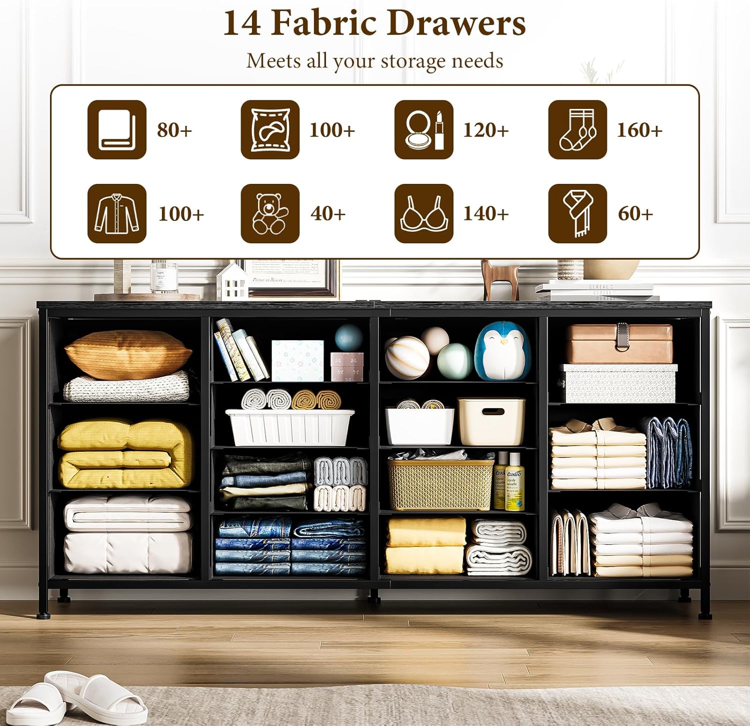 14 Drawer Dresser, 63 in Black Fabric Dresser TV Stand with Power Outlet for 65 70 75 in TV, Long Entertainment Center for Bedroom, Closet, Living Room, Entryway