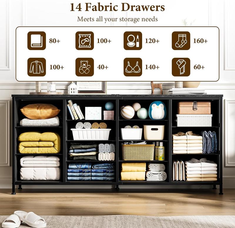 14 Drawer Dresser, 63 in Black Fabric Dresser TV Stand with Power Outlet for 65 70 75 in TV, Long Entertainment Center for Bedroom, Closet, Living Room, Entryway