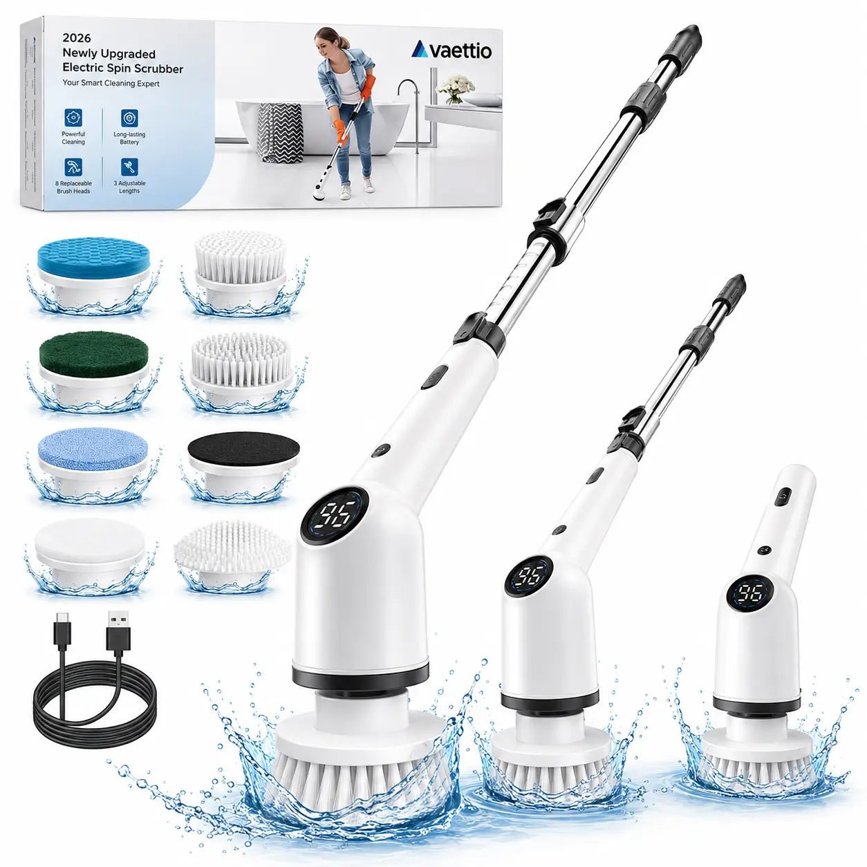 Durable Wireless Electric Spin Scrubber - USB Port, USB Cable, 8 Cleaning Brushes, 2 Speeds, 48in Extendable Handle, Battery Level Display, Ideal for Bathroom Tile, Car Cleaning, Household Appliance Gift
