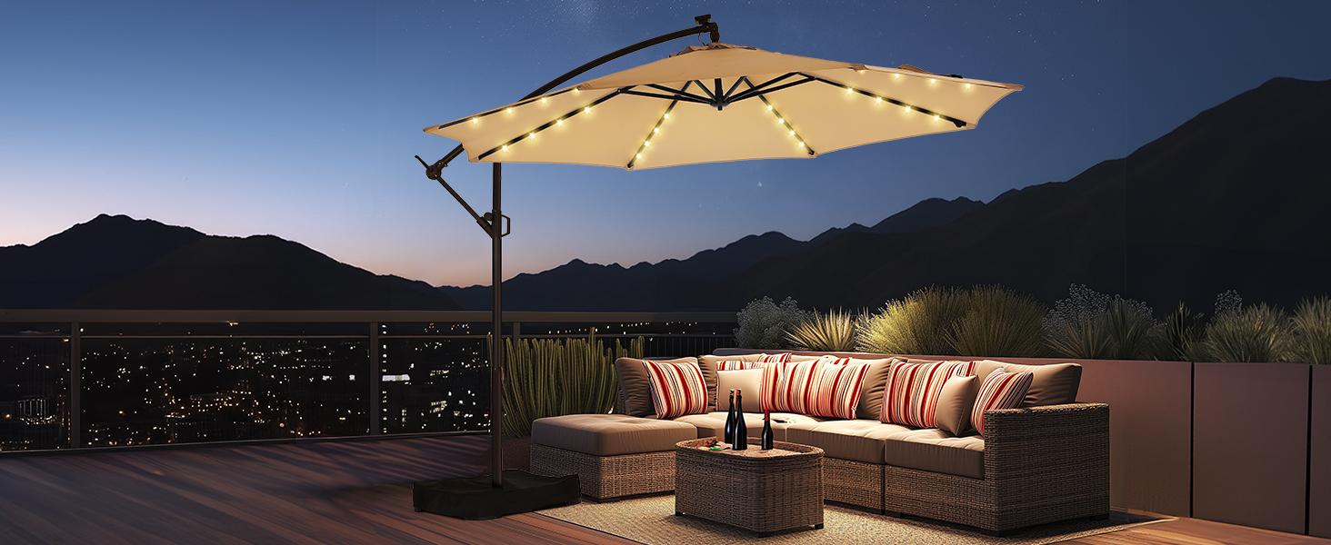 [With Base] 10ft Offset Outdoor Patio Umbrella with Base & Solar Light, Easy Tilt & Crank, Adjustable UPF 50+ UV Protection for Garden, Backyard & Poolside