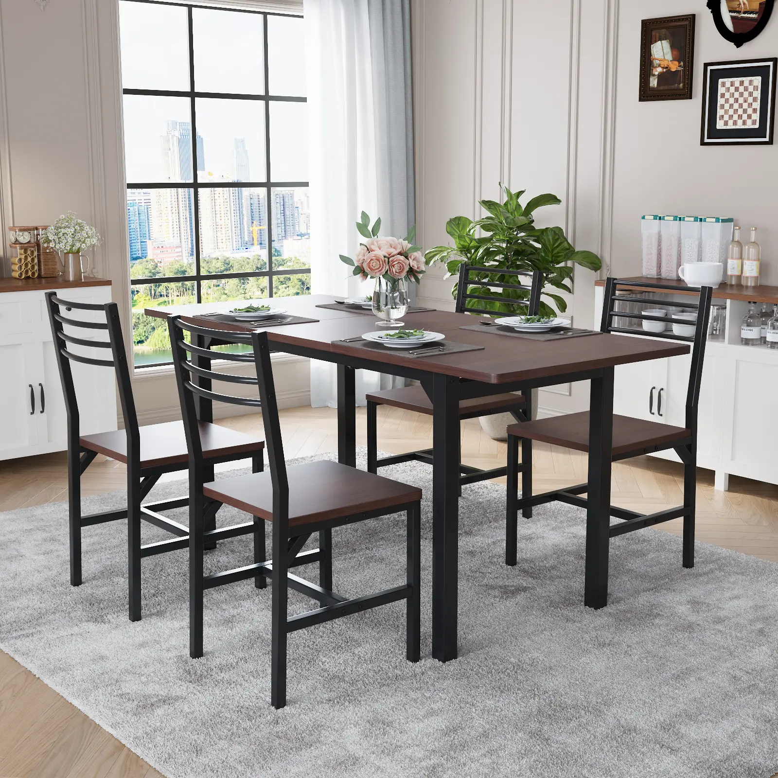 VOWNER 63” Extendable Dining Table Set for 4-6 People, 5-Piece Dining Table Set for 4 People with 4 Chairs, Kitchen Table Set with MDF Wood Board and Metal Frame, for Small Space, Apartment