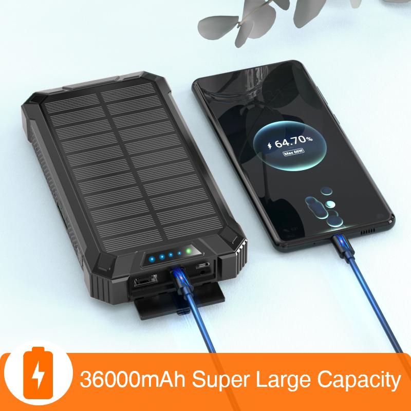 W22OR Power Bank Wireless Charger 36000mAh Built in 4 Cables Six Outputs 15W Fast Charging Power Bank for All Mobile Devices Three Inputs Solar Portable Charger with Dual Flashlights, Carabiner