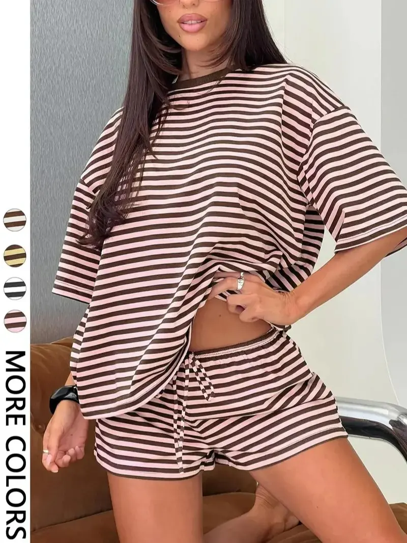 Women's Summer Striped Print Two-Piece Set, Womenswear, Oversized T-Shirt & Tie Front Shorts, Soft Casual Lounge Set for Home, Vacation and Daily Wear, Y2K Clean Girl Style